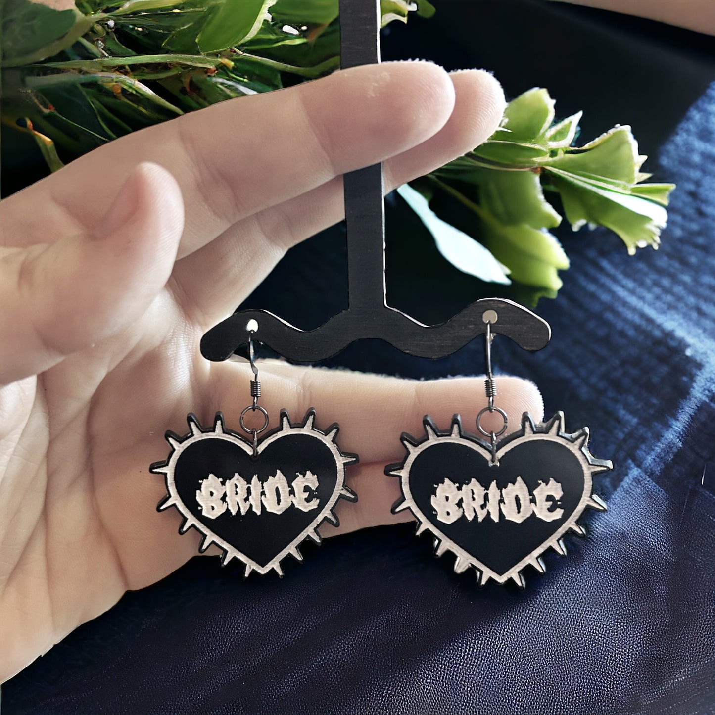 Gothic Bride Acrylic Spike Heart Earrings