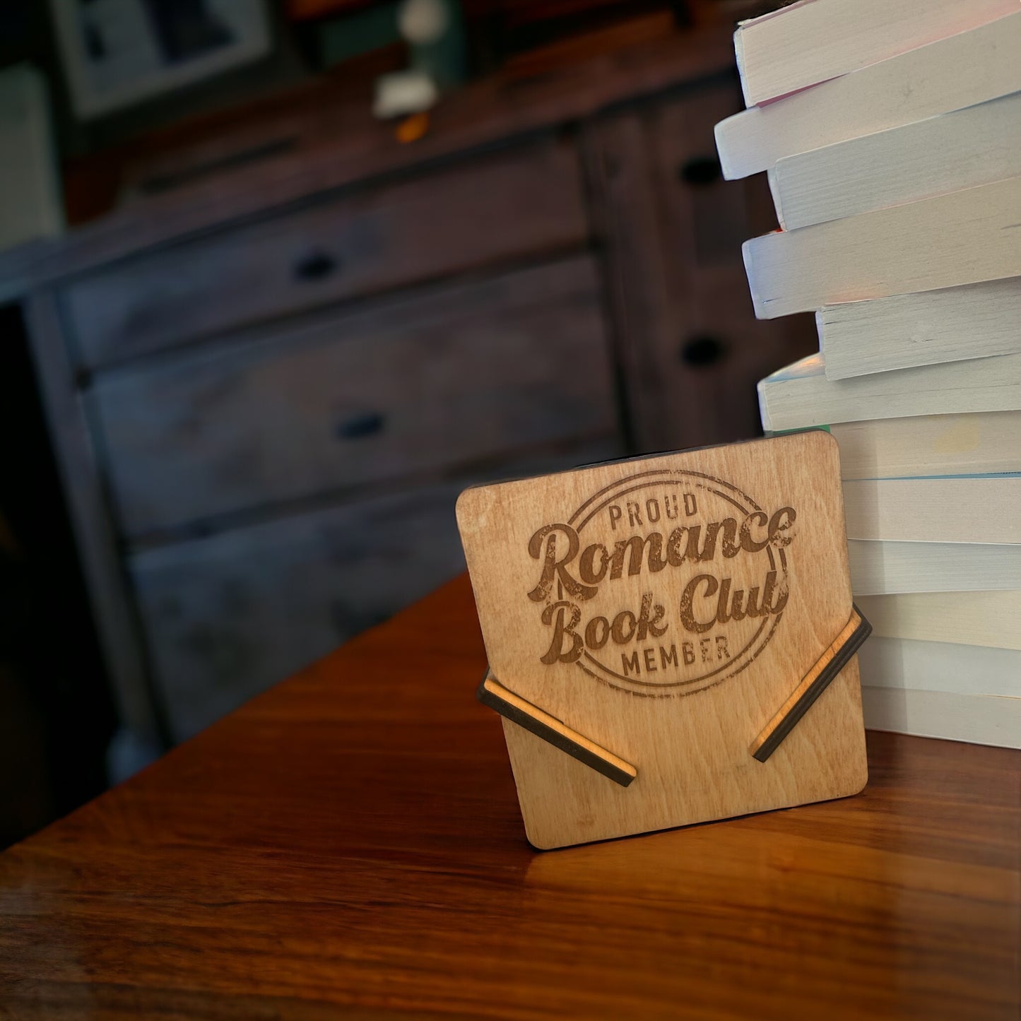Handmade TBR Tabletop Bookshelf - Proud Romance Book Club Member Engraved Design