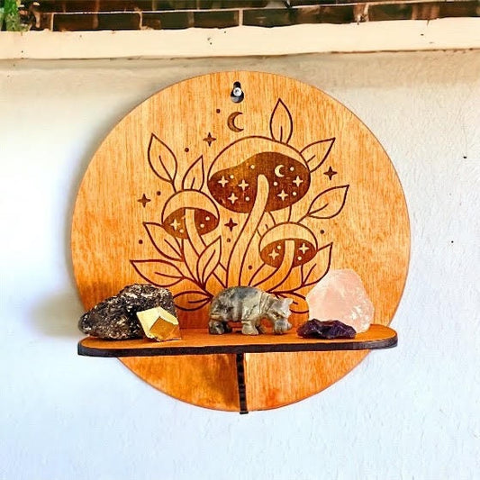 Small Round Wall Crystal Shelf: Hanging Wall Altar, Vintage Home Decor, Witchy Vibes Divination Shelf, Small Mushroom Crystal Holder