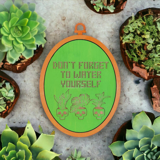 Self-Care Greenery: Laser-Engraved Faux Cross Stitch Wall Art with Skull Planters - "Don't Forget to Water Yourself!" - Plant Lovers