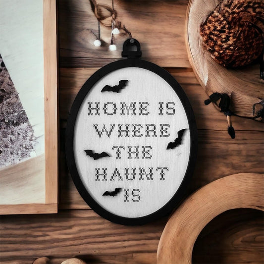 Halloween Haunt Décor: Laser-Engraved Faux Cross Stitch Wall Art - 'Home is Where the Haunt is' - Bats - Halloween Home Décor - Spooky Gifts