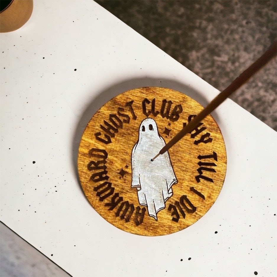 Wooden Round Incense Holder: Spooky Handmade Incense Display Stand, Ghostie Home Decor, Incense Plate, Witchy Home Decor, Wooden Tray Fall