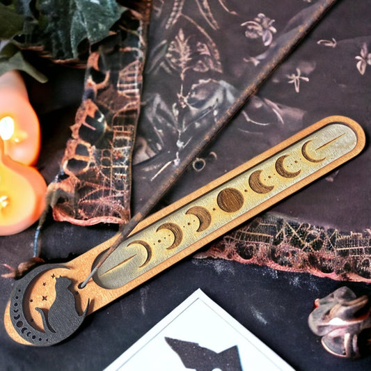 Black Cat Moon & Stars Incense Holder: Sage Your Home - Crystal Home Décor - Witchy Incense Holder - Laser Engraved - Witches Cleanse
