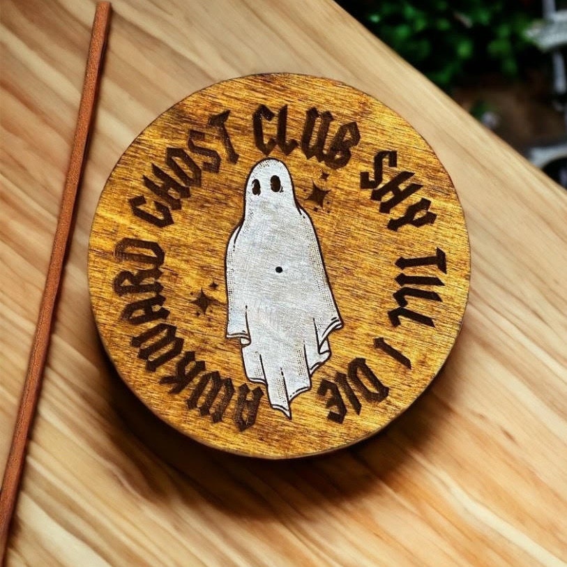 Wooden Round Incense Holder: Spooky Handmade Incense Display Stand, Ghostie Home Decor, Incense Plate, Witchy Home Decor, Wooden Tray Fall