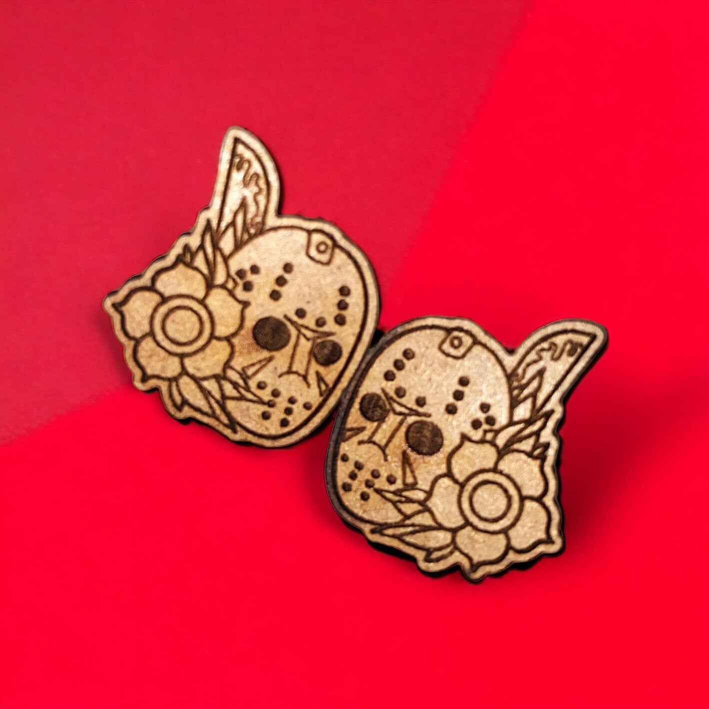 Wooden Jason Halloween Stud Earrings - Spooky Season Jewelry- Creepy Collectables - Horror Movie Earrings - Gifts For Halloween