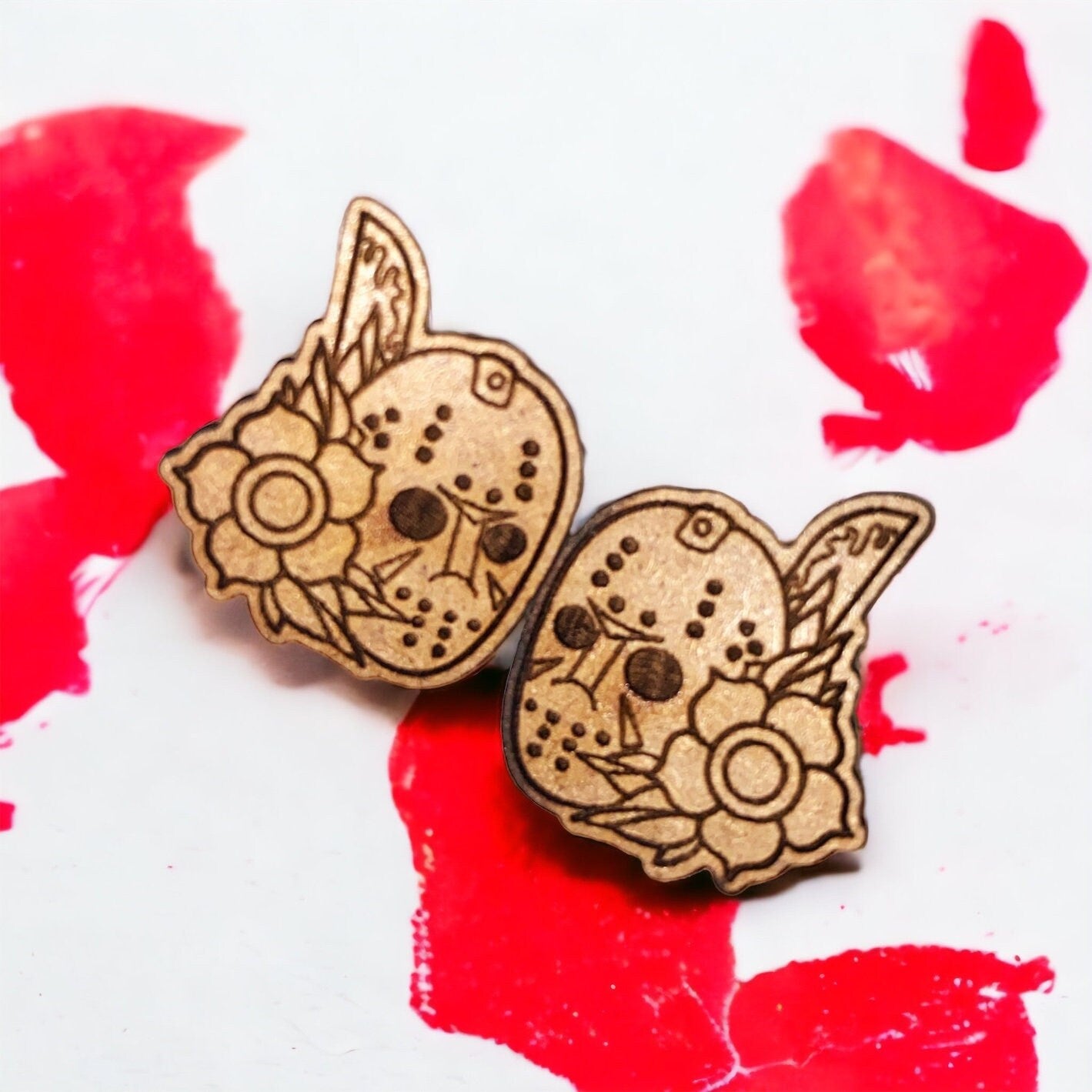 Wooden Jason Halloween Stud Earrings - Spooky Season Jewelry- Creepy Collectables - Horror Movie Earrings - Gifts For Halloween