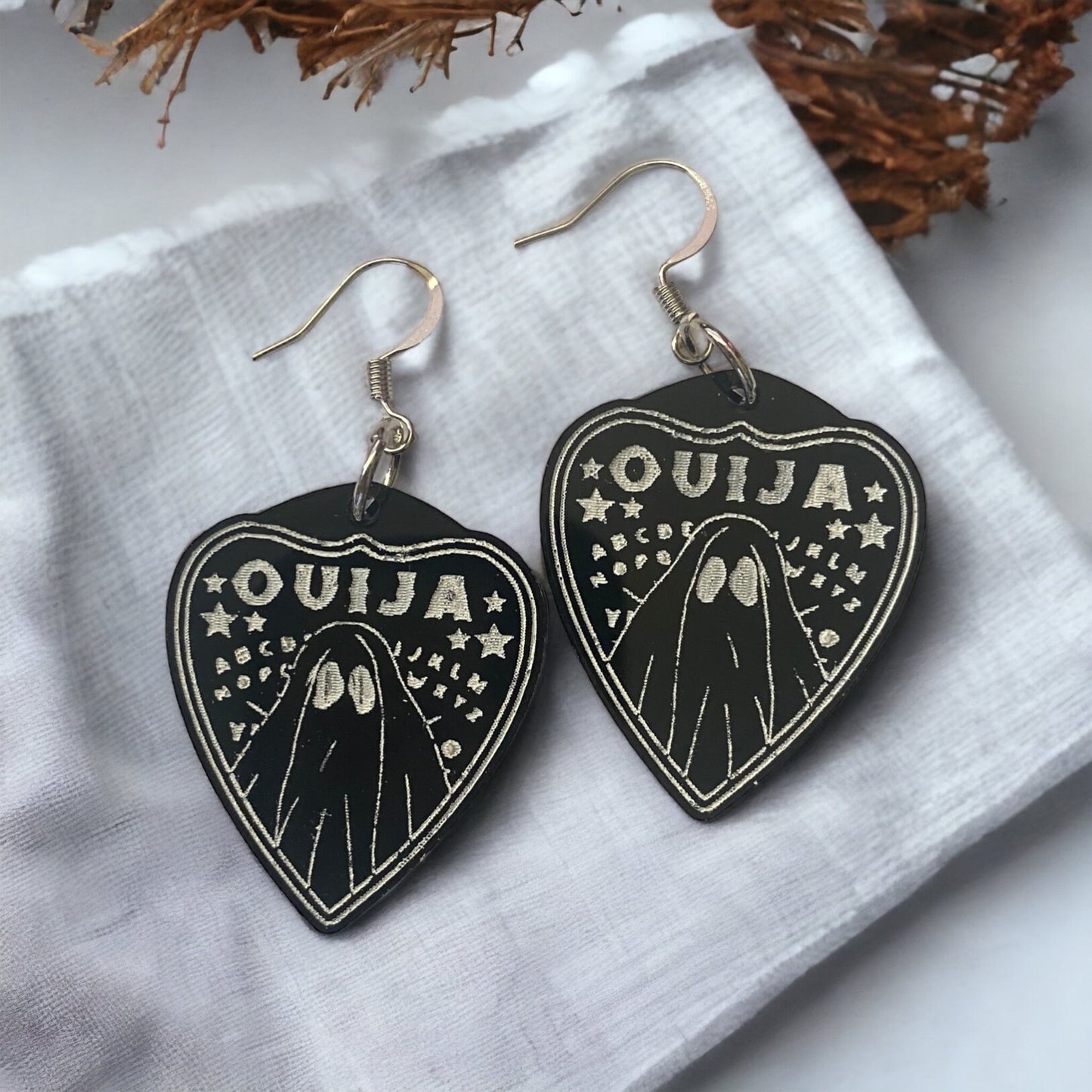 Ouija Board Ghost Planchette Earrings : Spirit Board Jewelry - Halloween Earrings - Talking Boards - Ghosties - Spooky Season - Code Orange