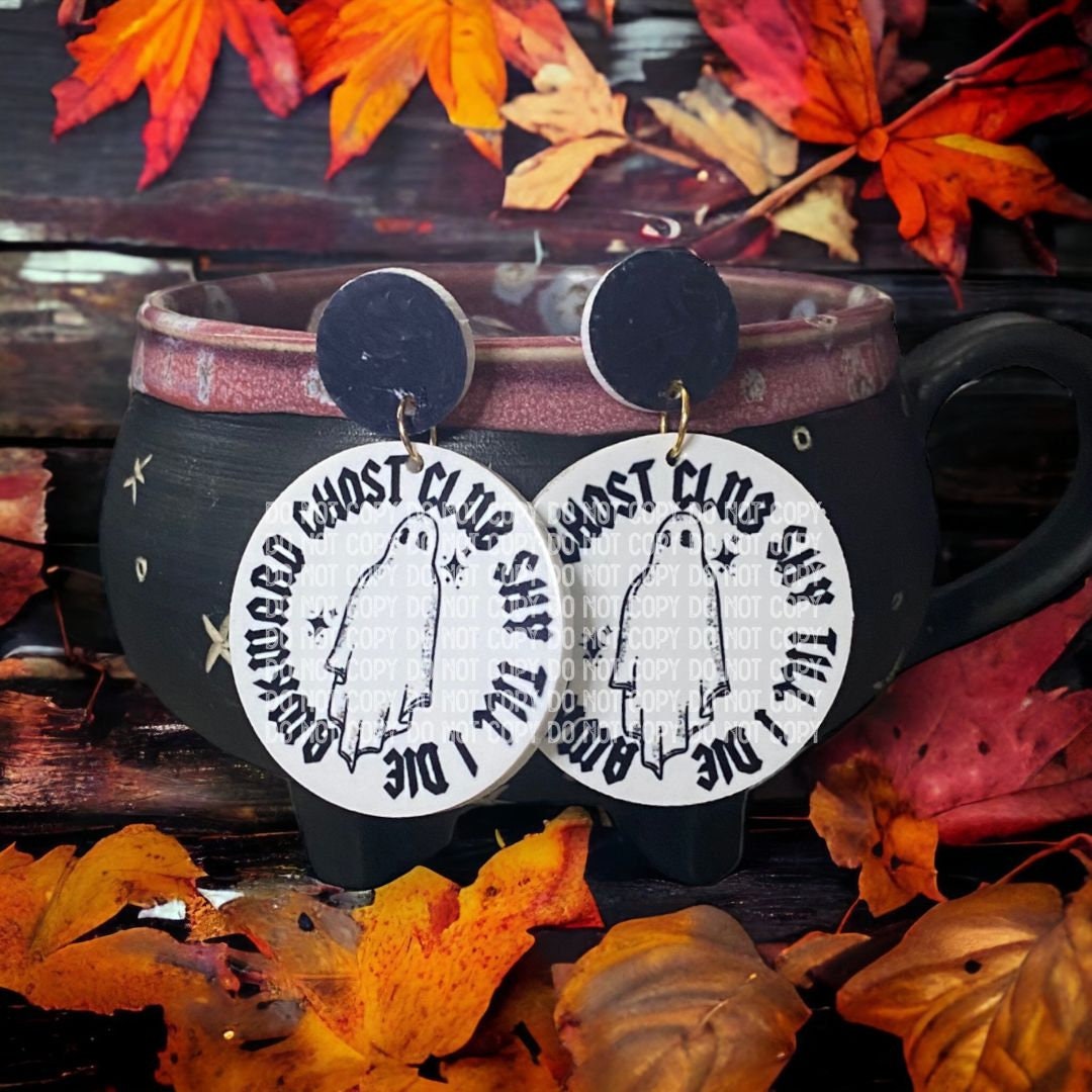 Shy Ghost Earrings: Acrylic Earrings - Halloween Jewelry - Awkward ghost Club - Custom Earrings - Spooky Season - Goth Earrings