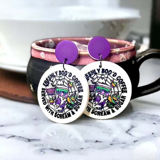 Iced Coffee Ghost Earrings : Halloween Jewelry - Purple Ghosties - Classic Halloween Décor - Dangle Spooky Earrings